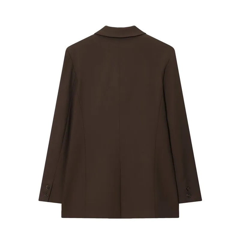Womens pleated padded shoulder two piece set with straight-leg trousers solid colour polyester loose fit