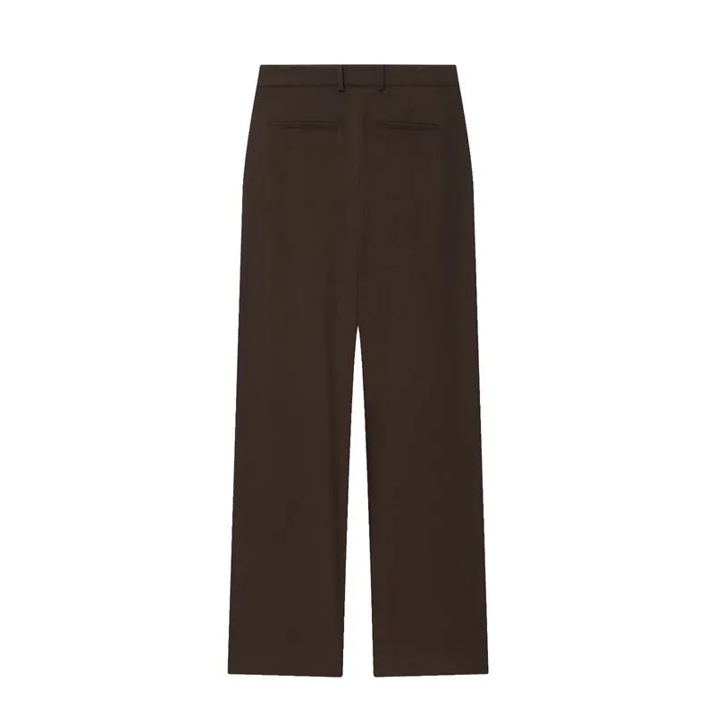 Womens pleated padded shoulder two piece set with straight-leg trousers solid colour polyester loose fit