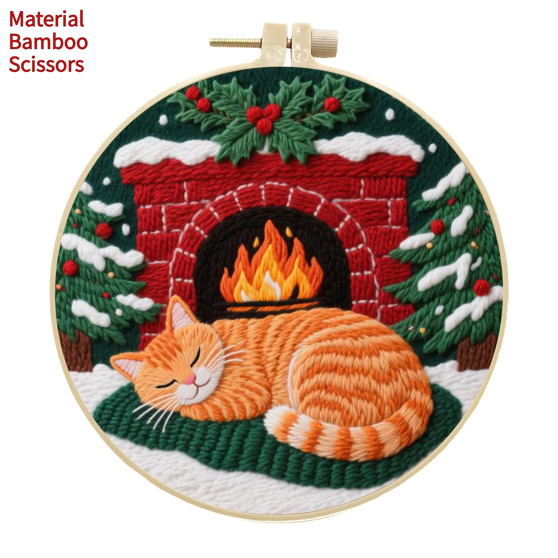 Embroidery material kit with autumn fruit and cat design on cotton linen fabric