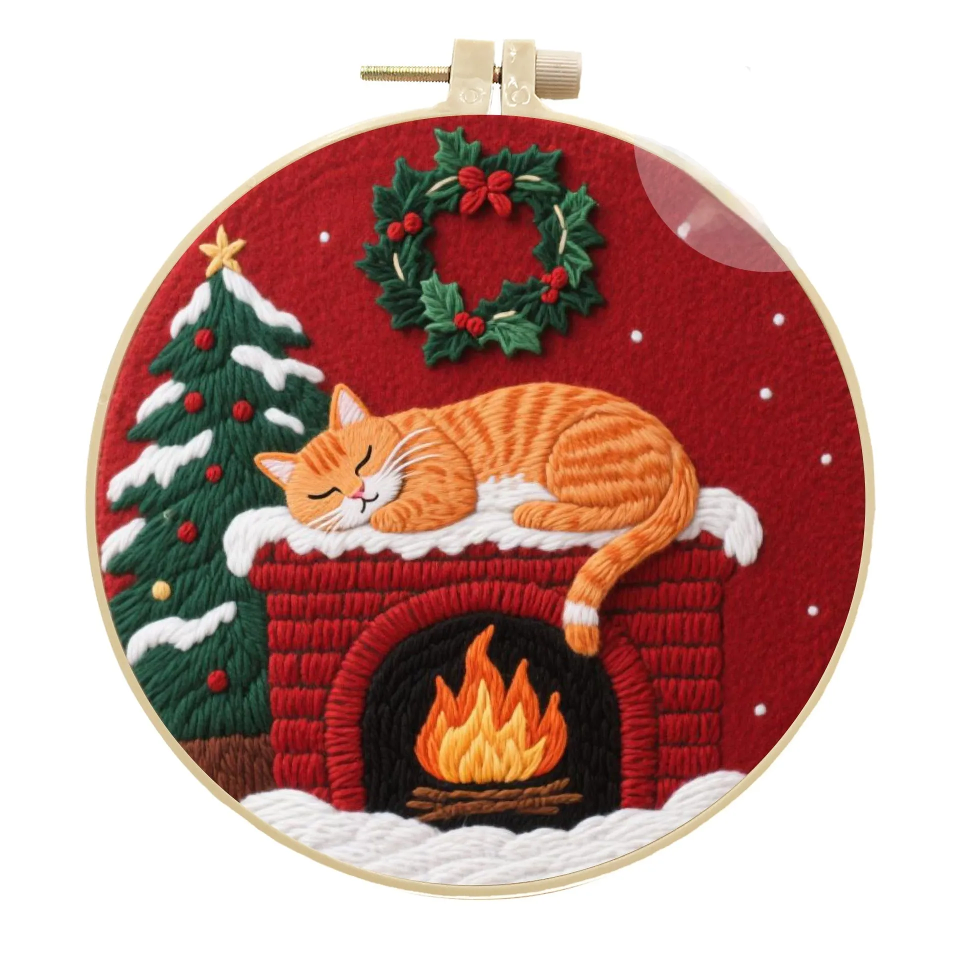 Embroidery material kit with autumn fruit and cat design on cotton linen fabric