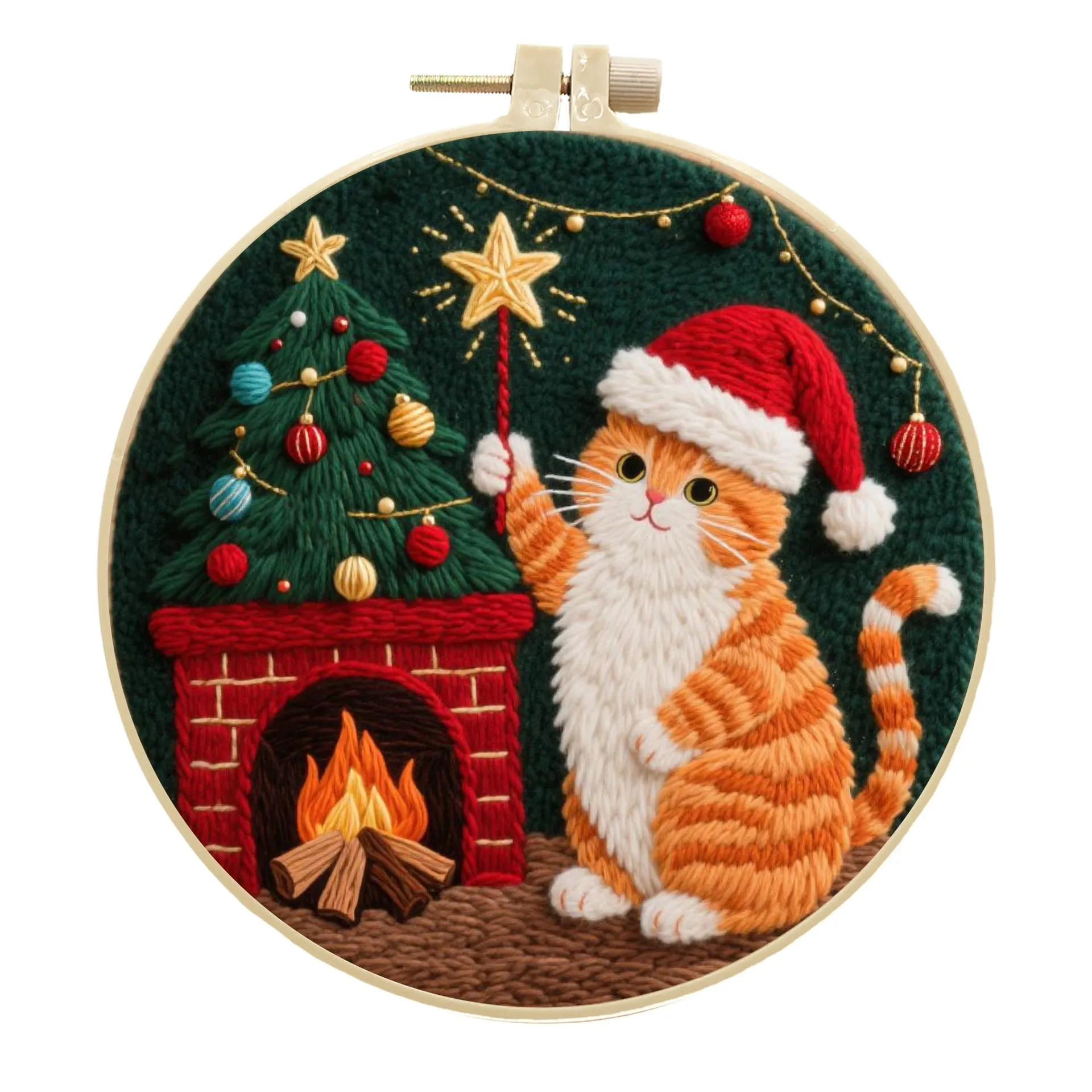 Embroidery material kit with autumn fruit and cat design on cotton linen fabric