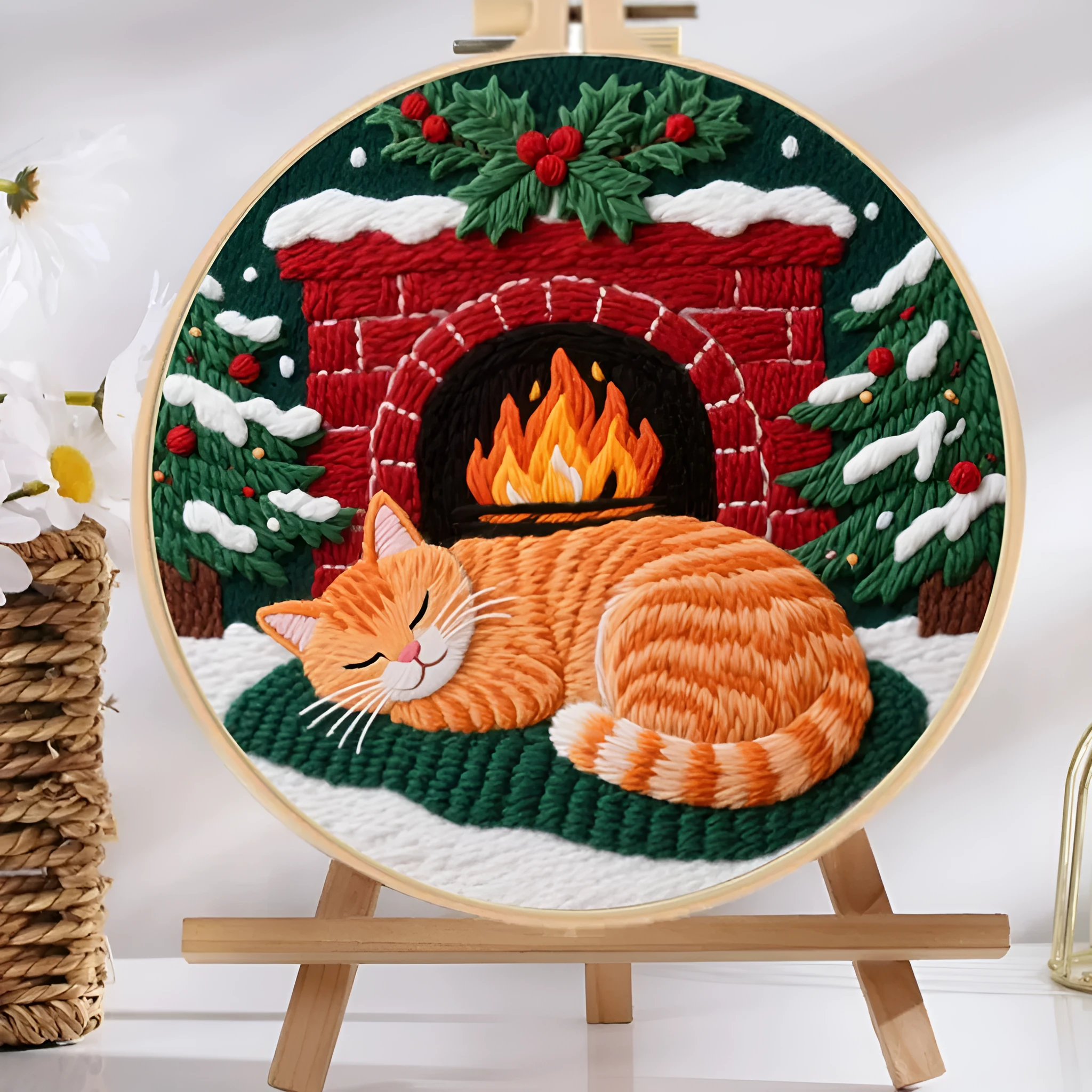 Embroidery material kit with autumn fruit and cat design on cotton linen fabric