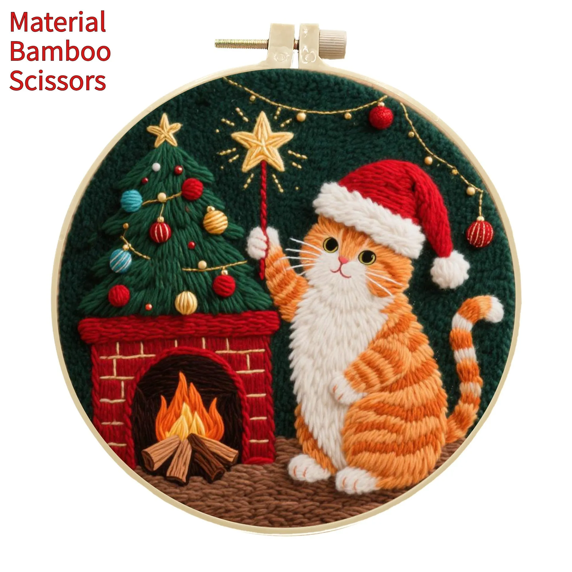 Embroidery material kit with autumn fruit and cat design on cotton linen fabric