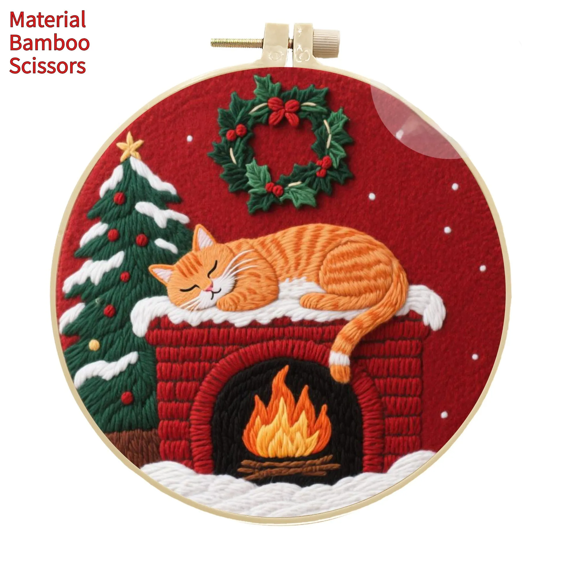 Embroidery material kit with autumn fruit and cat design on cotton linen fabric