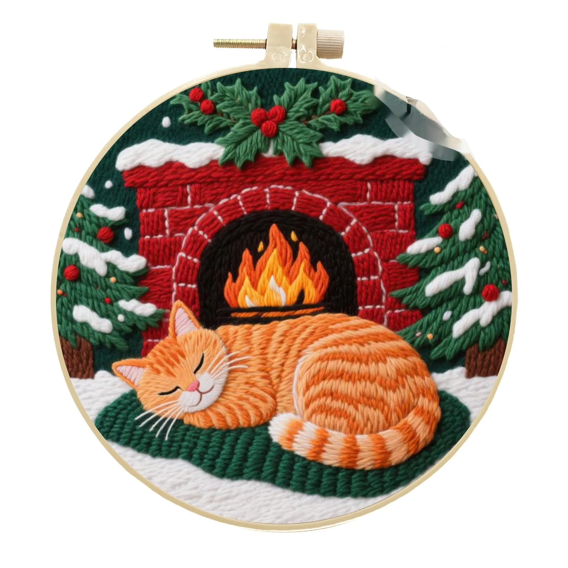 Embroidery material kit with autumn fruit and cat design on cotton linen fabric