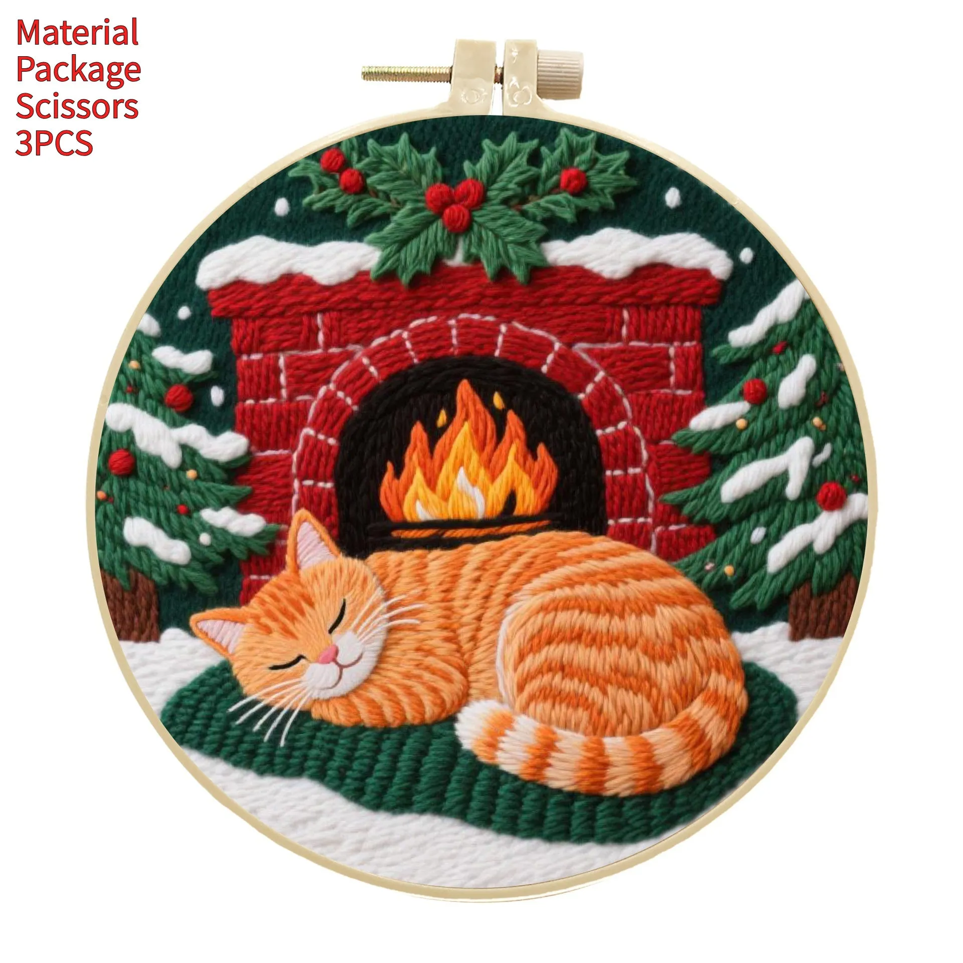 Embroidery material kit with autumn fruit and cat design on cotton linen fabric