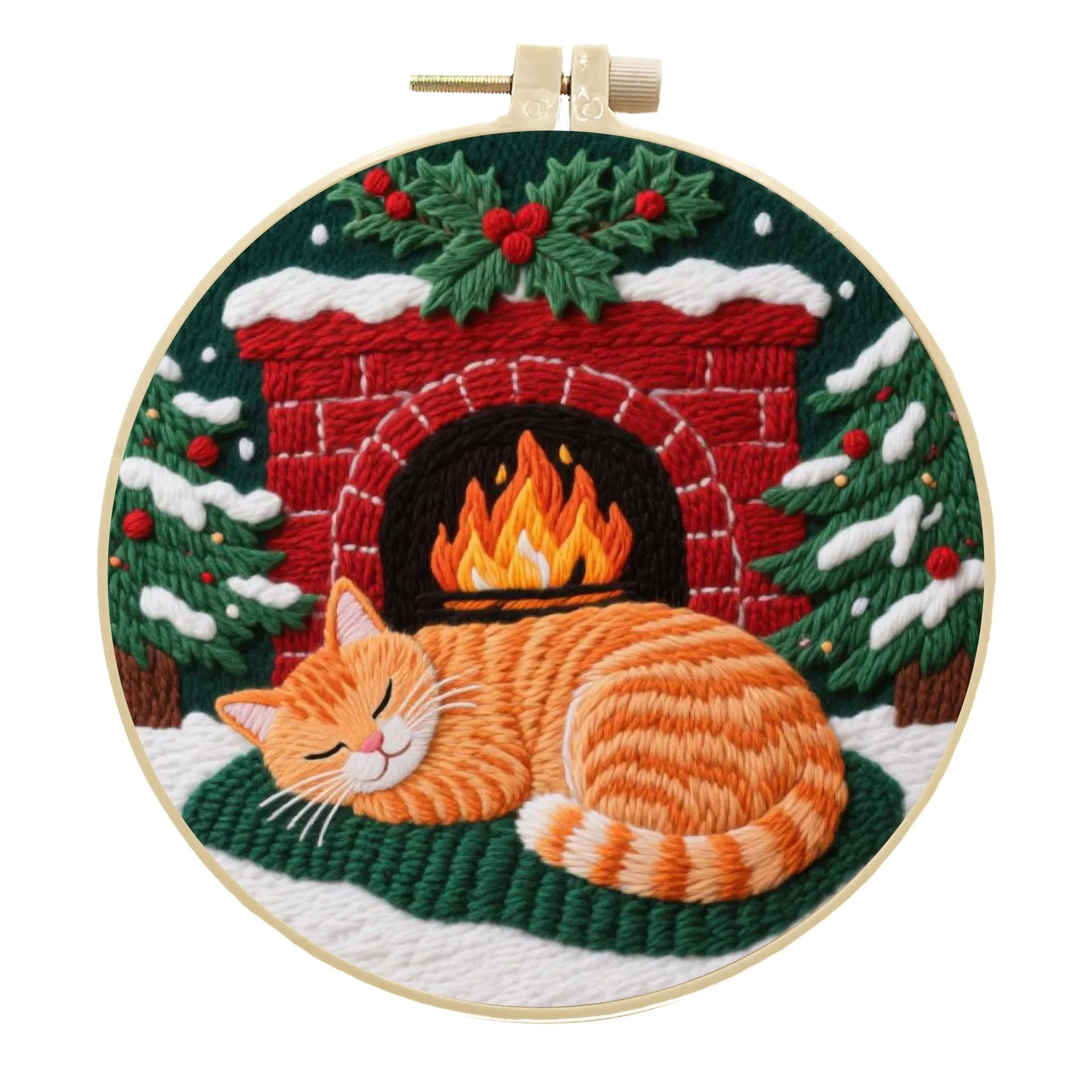 Embroidery material kit with autumn fruit and cat design on cotton linen fabric