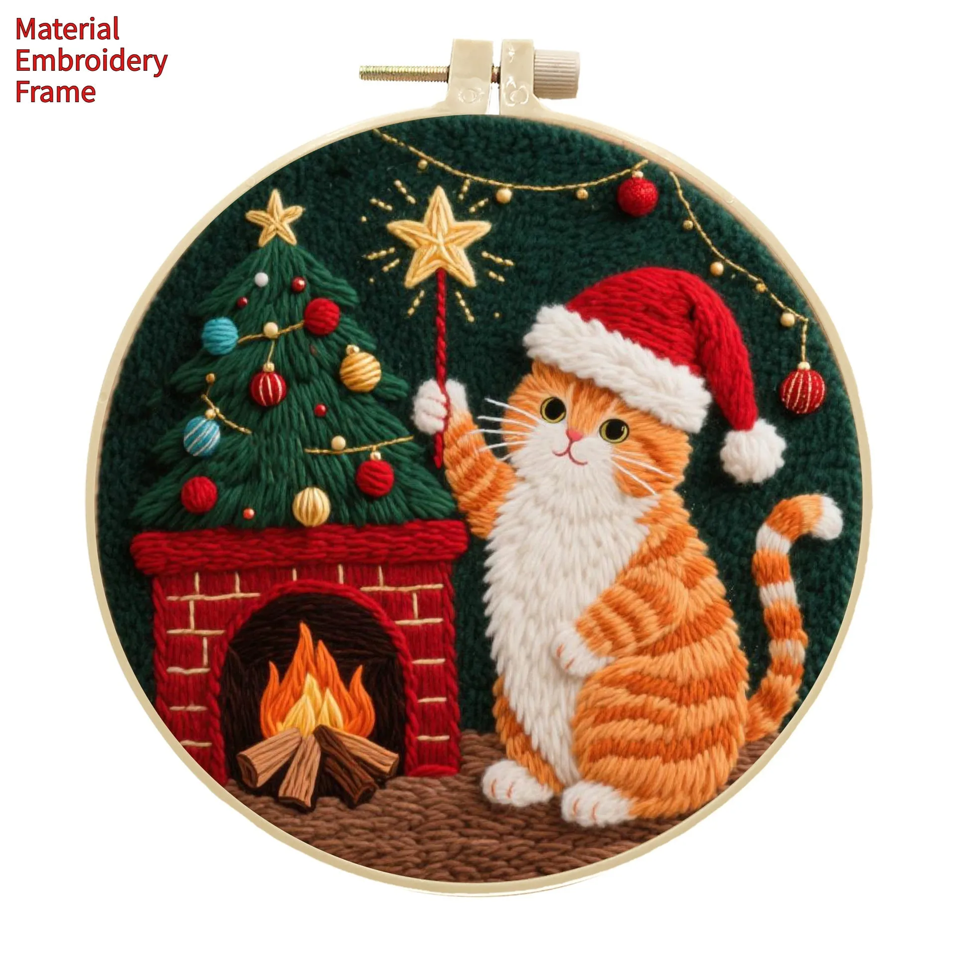 Embroidery material kit with autumn fruit and cat design on cotton linen fabric