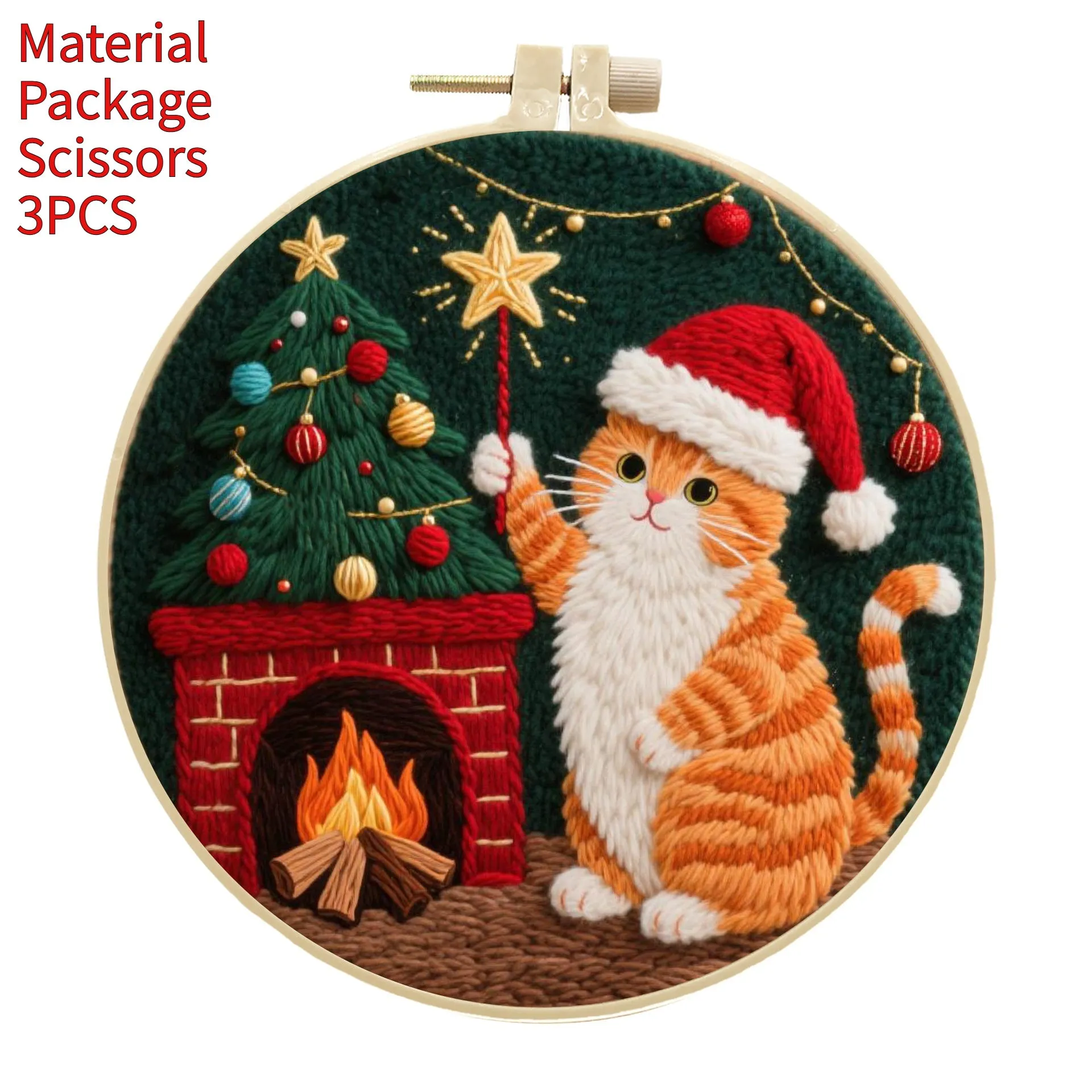 Embroidery material kit with autumn fruit and cat design on cotton linen fabric