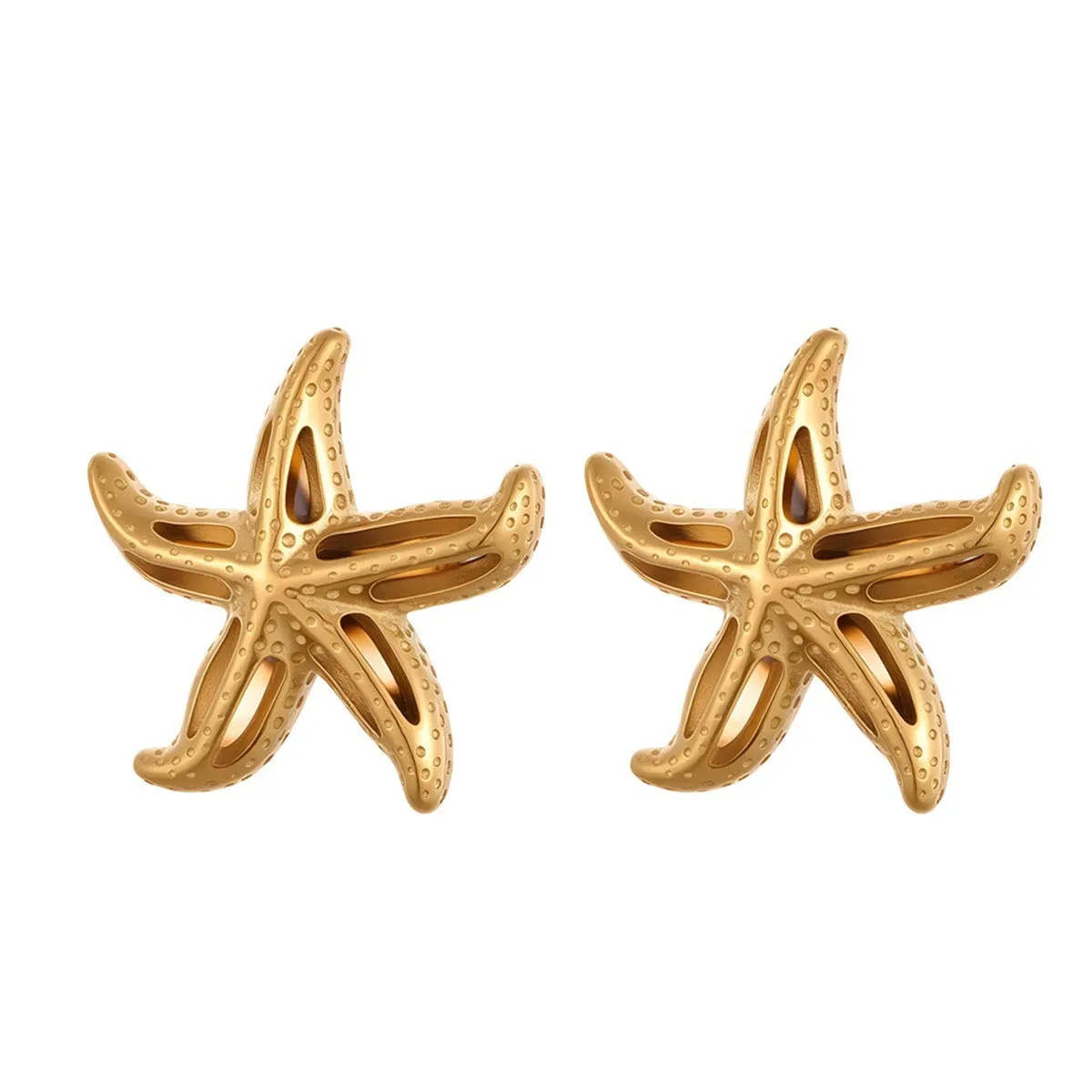Gold-toned stainless steel stud earrings with starfish and star motifs, colour NMSE-J725-3