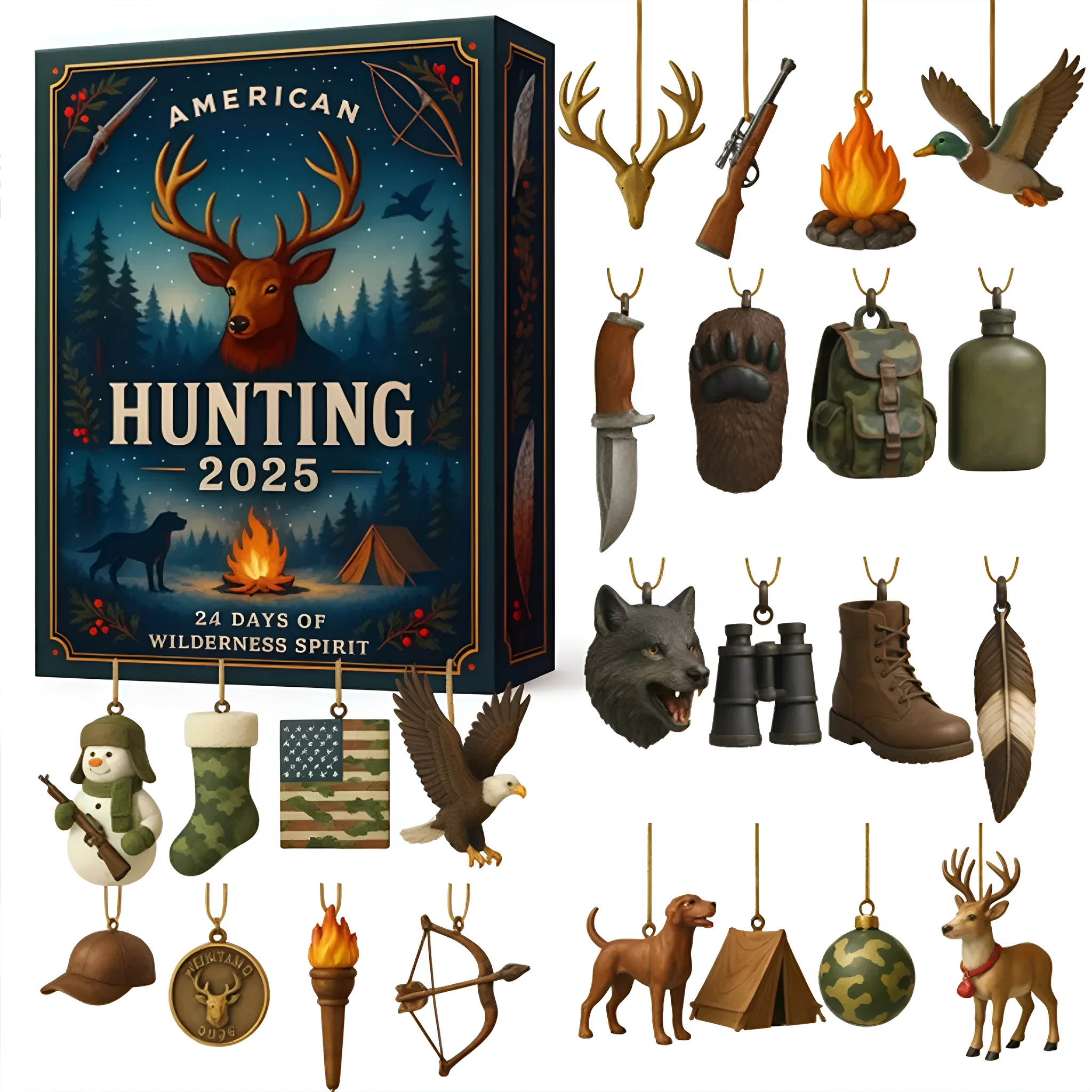 Clear acrylic hunting-themed advent calendar blind box ornament hanging on Christmas tree