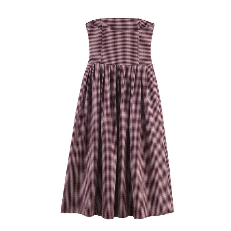 Women's plaid tube top dress with asymmetric pleated skirt, sling style, long sleeves, polyester fabric