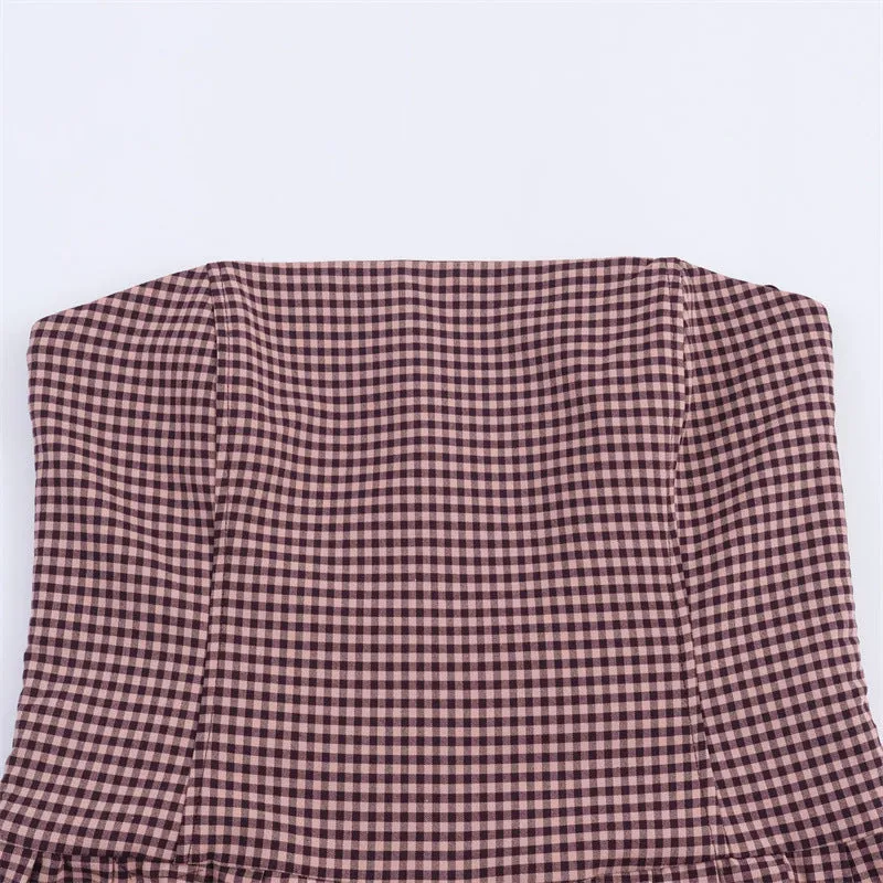 Women's plaid tube top dress with asymmetric pleated skirt, sling style, long sleeves, polyester fabric