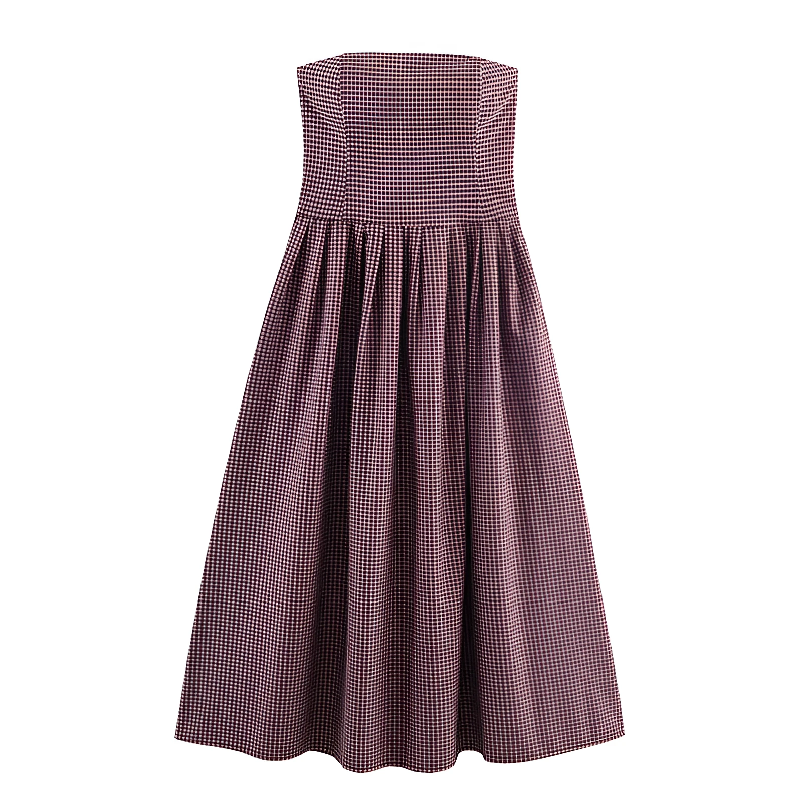 Women's plaid tube top dress with asymmetric pleated skirt, sling style, long sleeves, polyester fabric