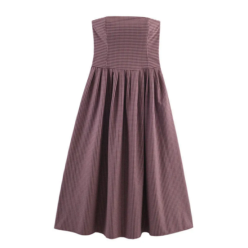 Women's plaid tube top dress with asymmetric pleated skirt, sling style, long sleeves, polyester fabric
