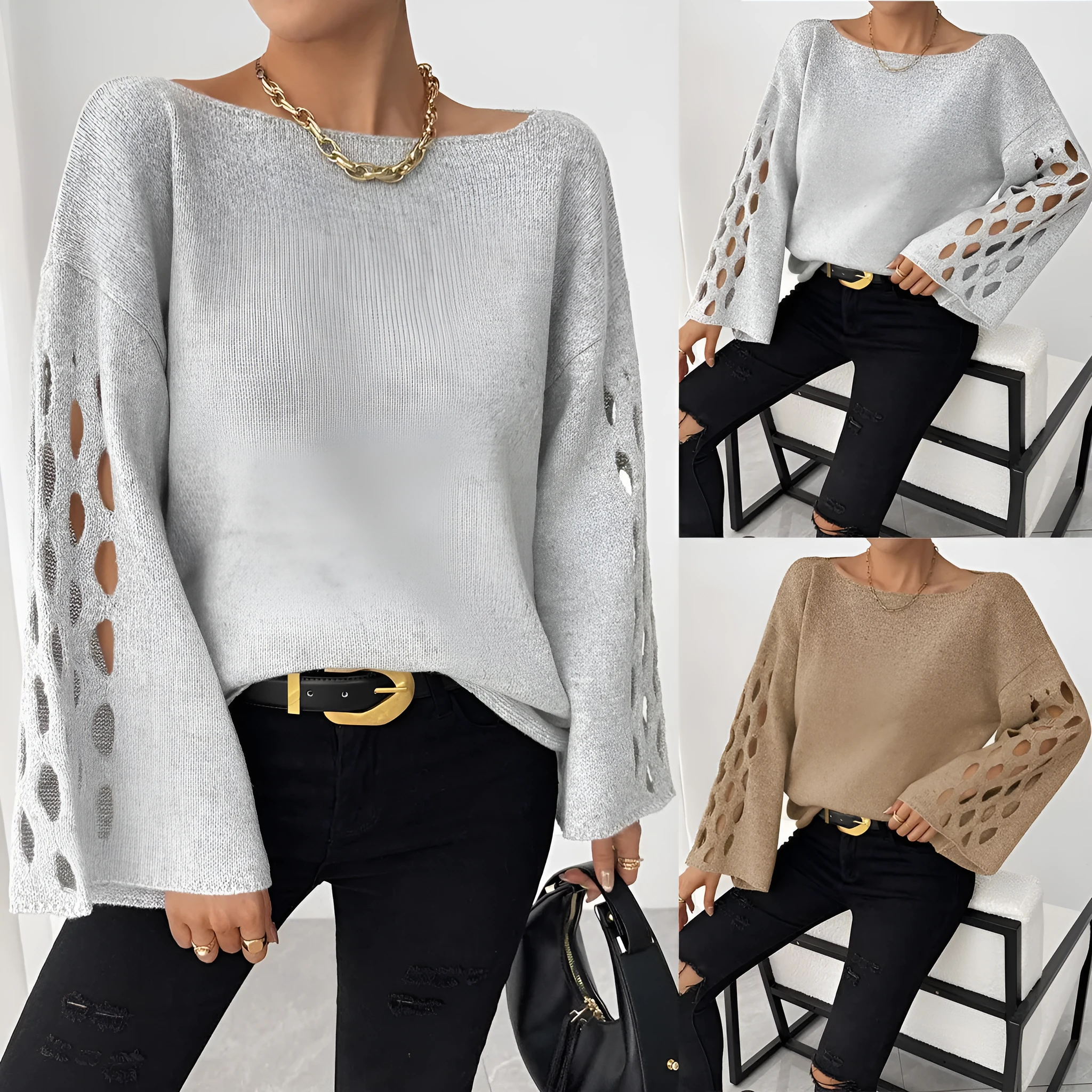 Women's solid colour hollow-out long sleeve round neck pullover sweater in gray, plus size
