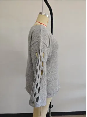 Women's solid colour hollow-out long sleeve round neck pullover sweater in gray, plus size