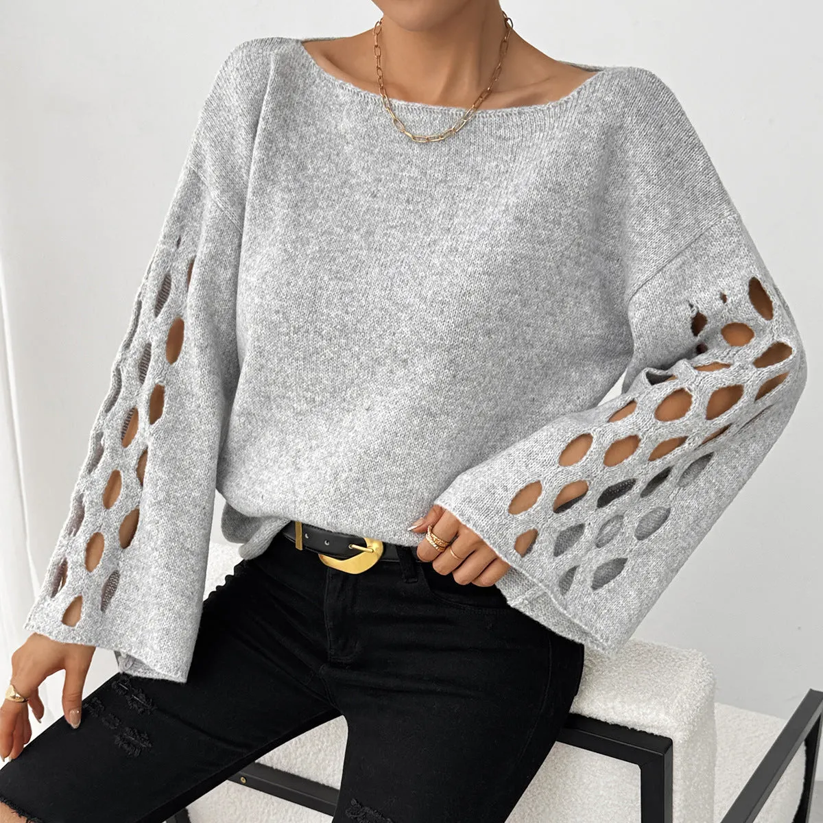 Women's solid colour hollow-out long sleeve round neck pullover sweater in gray, plus size