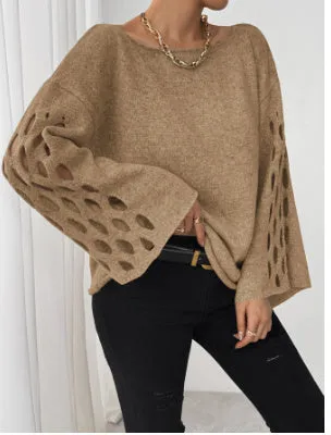 Women's solid colour hollow-out long sleeve round neck pullover sweater in gray, plus size