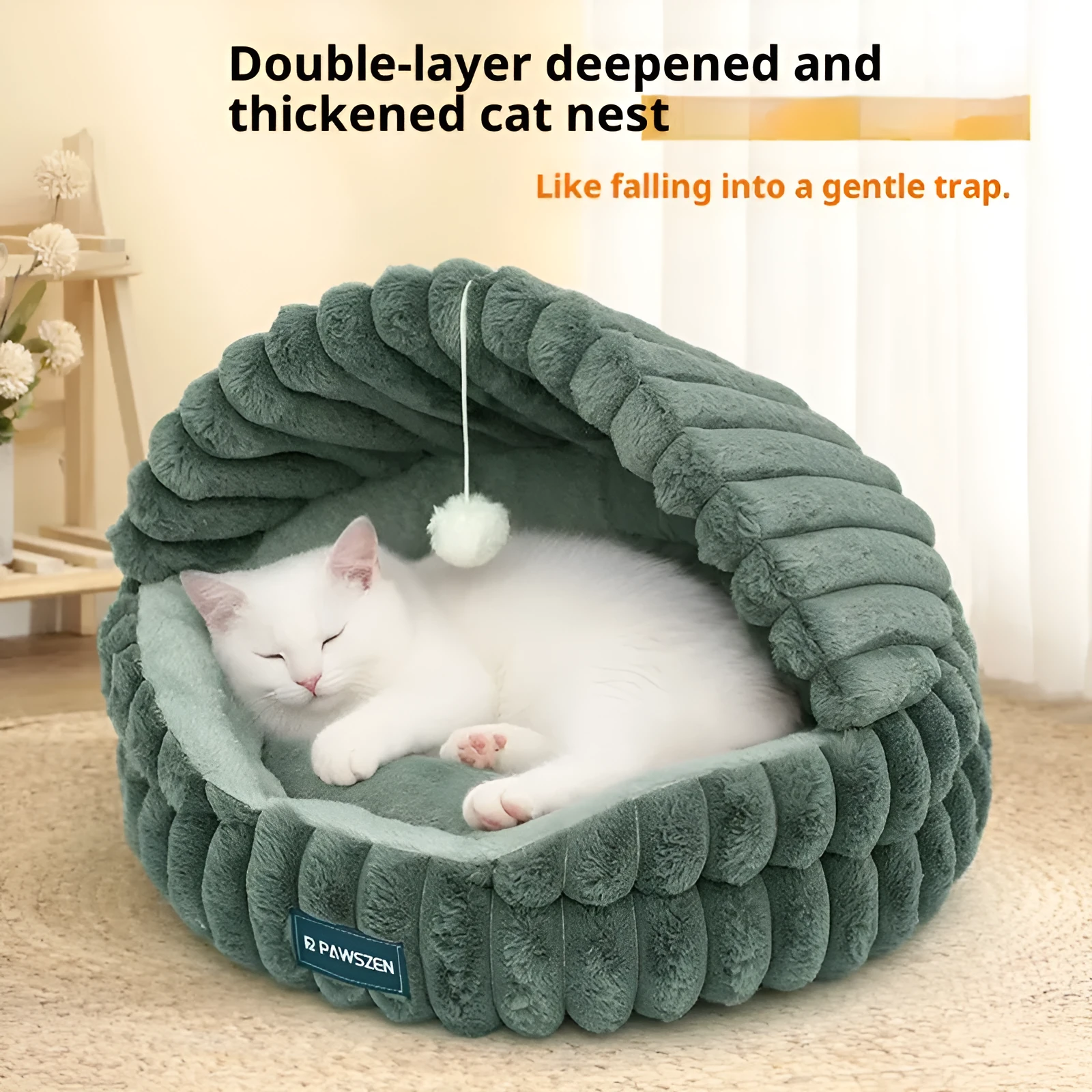 Large round cloth cat nest bed in pink with shell design, 50cm diameter