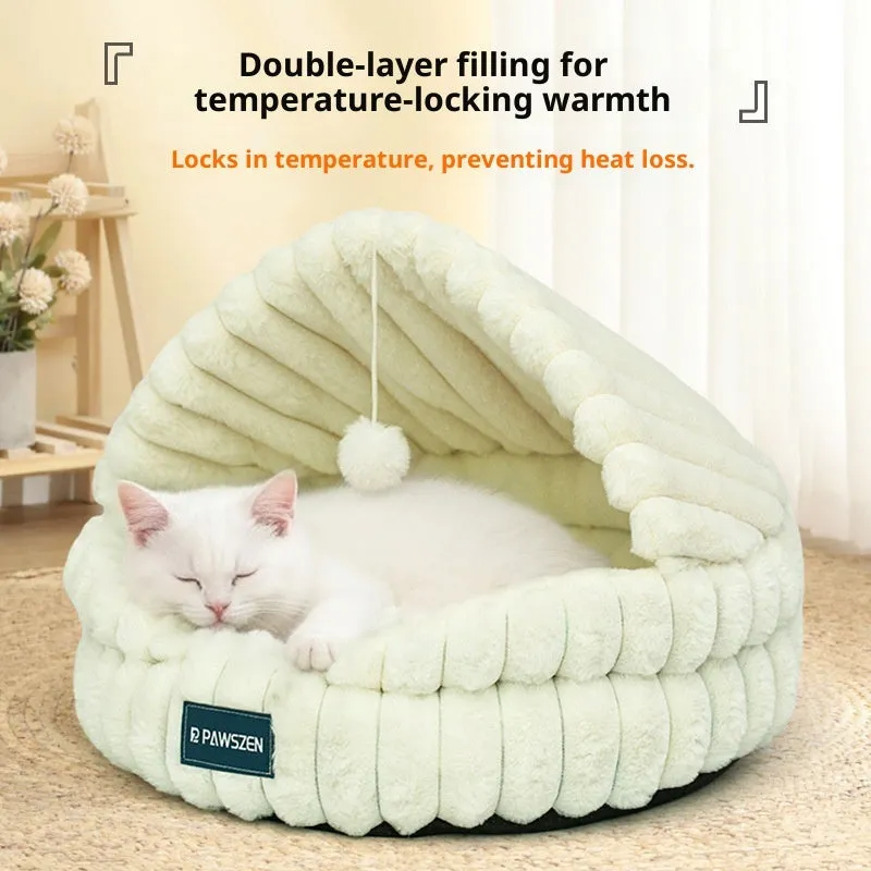 Large round cloth cat nest bed in pink with shell design, 50cm diameter