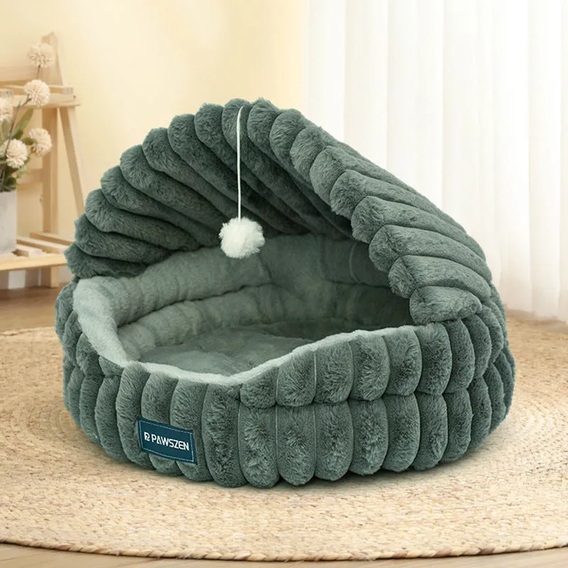 Large round cloth cat nest bed in pink with shell design, 50cm diameter