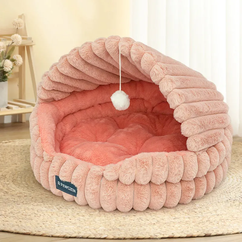 Large round cloth cat nest bed in pink with shell design, 50cm diameter