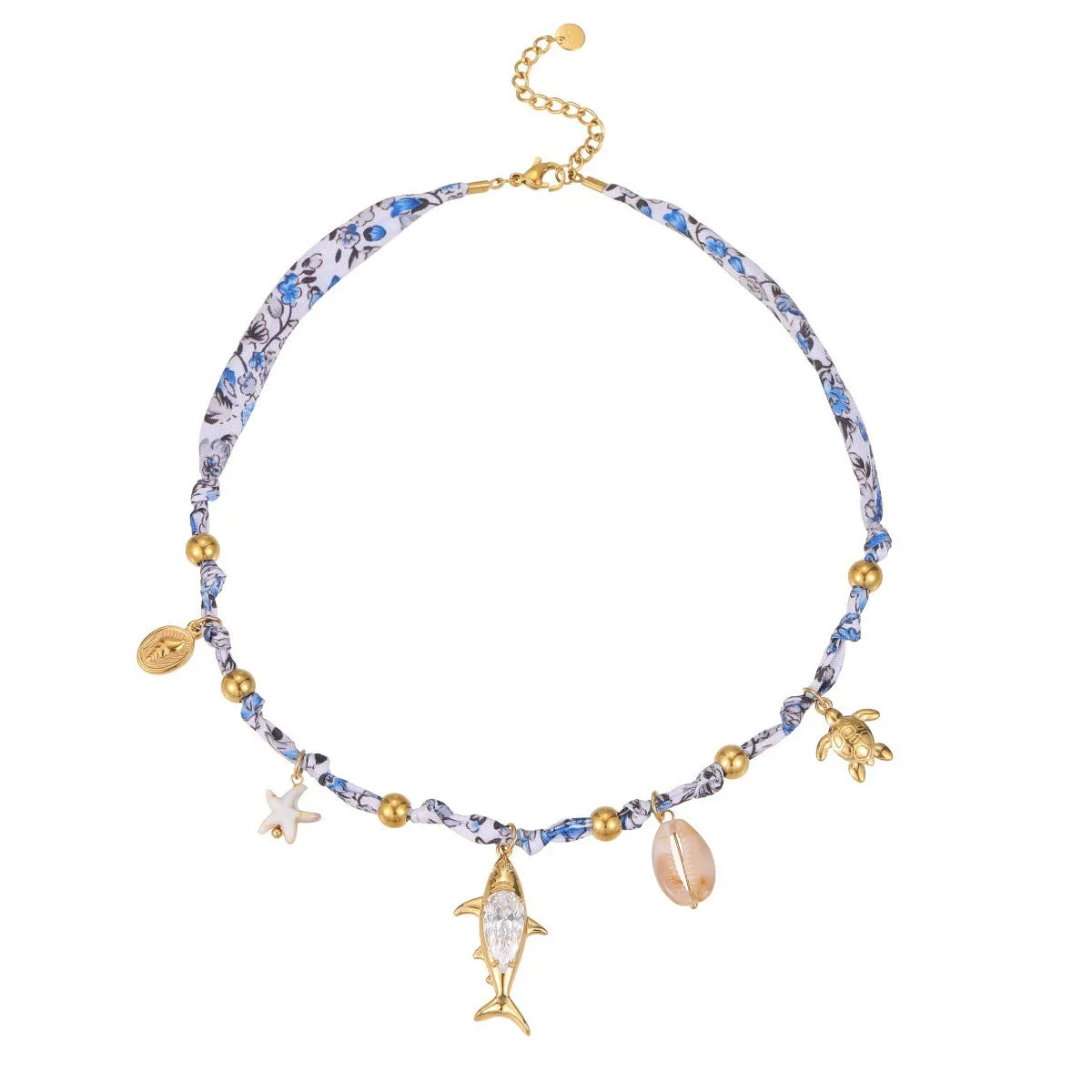 Gold starfish shell pendant on hand-knotted rope chain, 18K plated stainless steel, geometric shape