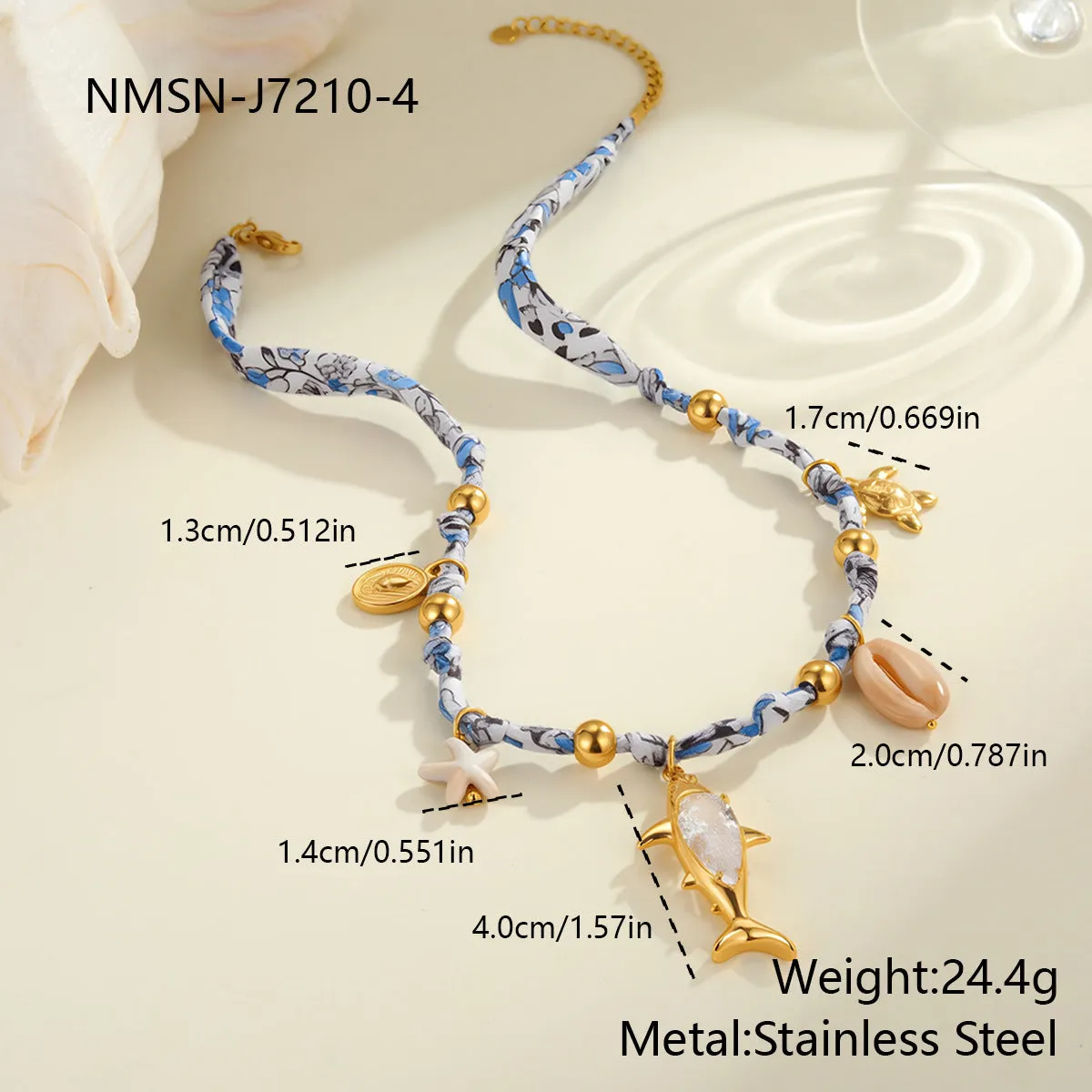 Gold starfish shell pendant on hand-knotted rope chain, 18K plated stainless steel, geometric shape