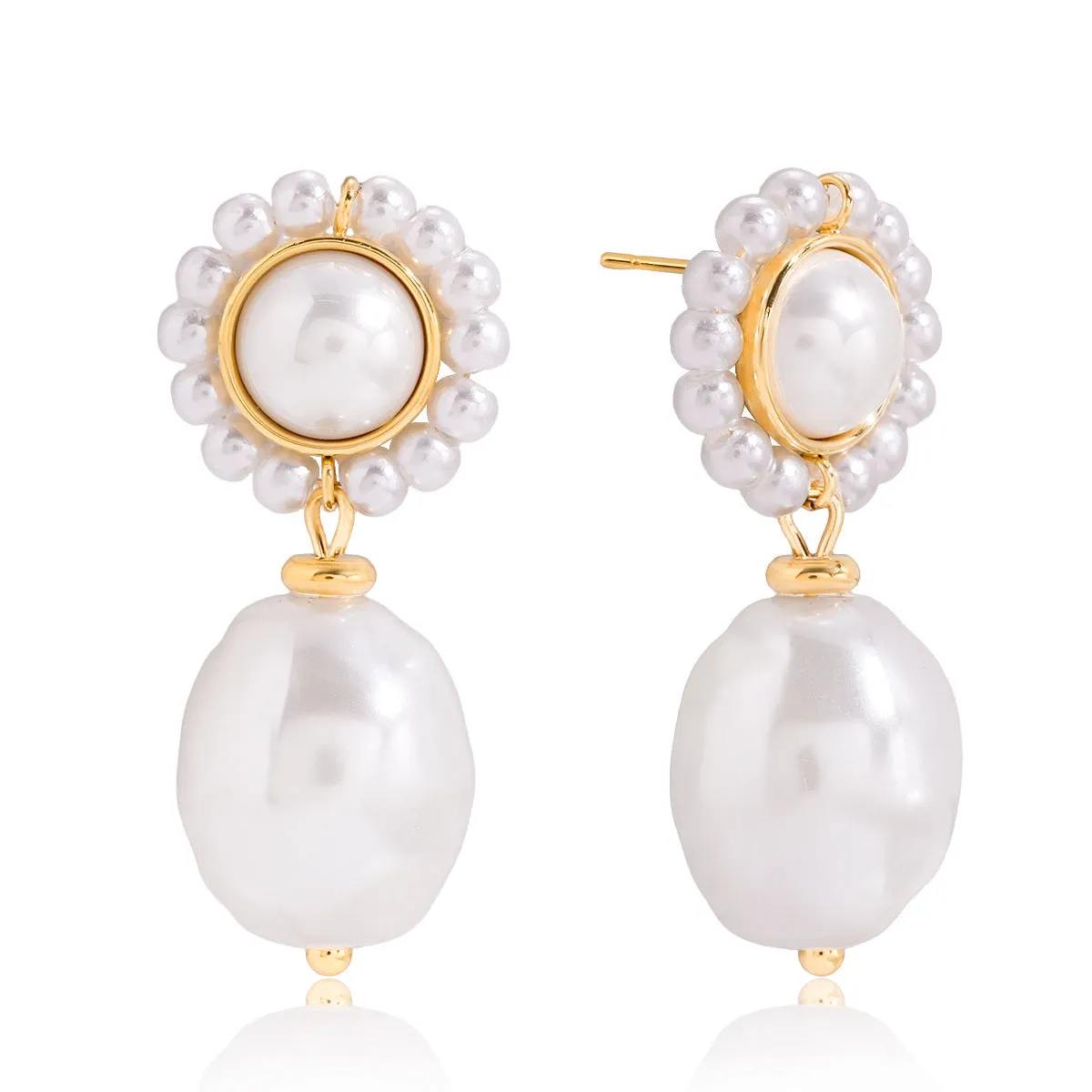 Women's stainless steel light pearl ear studs, geometric shape, electroplated finish, one pair.