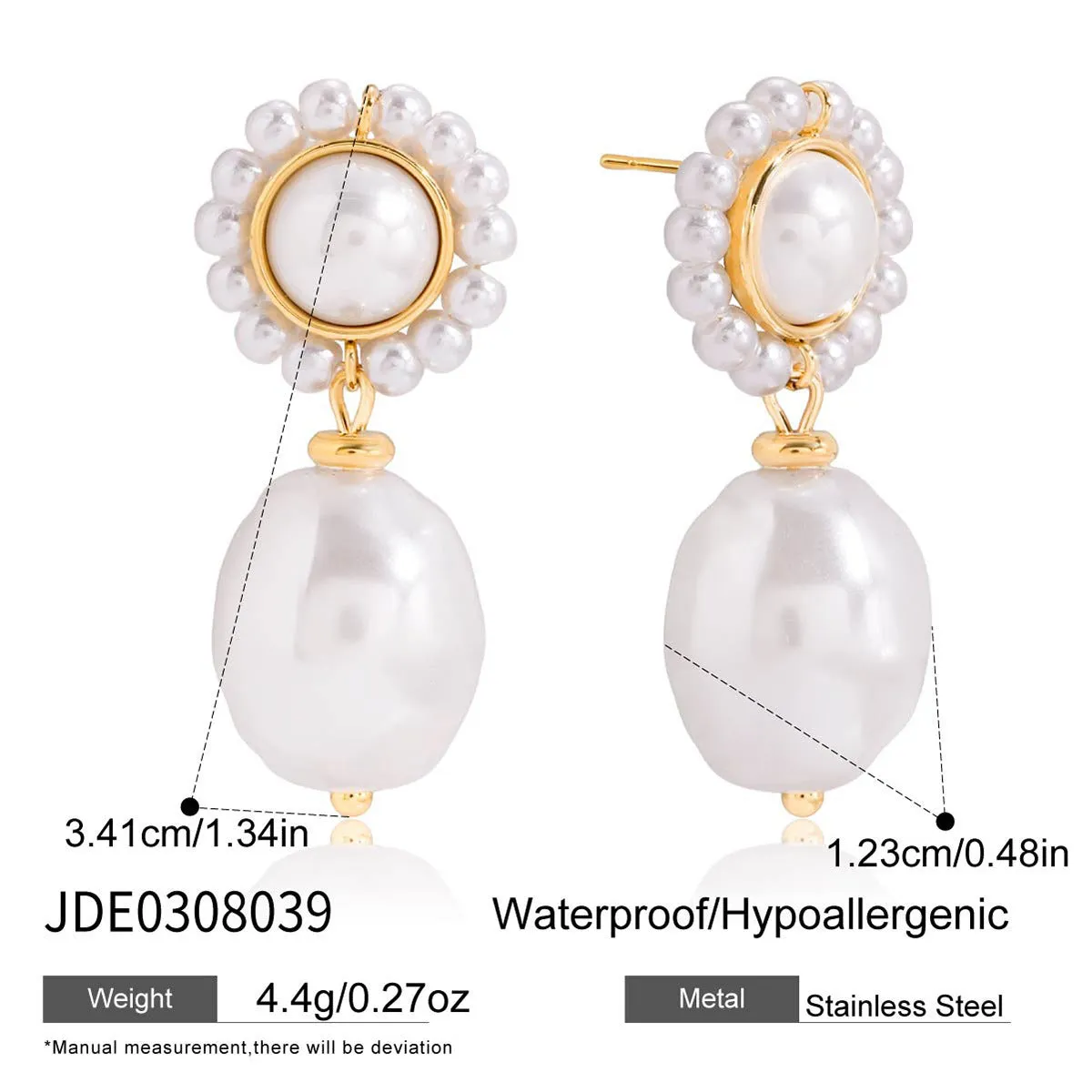 Women's stainless steel light pearl ear studs, geometric shape, electroplated finish, one pair.