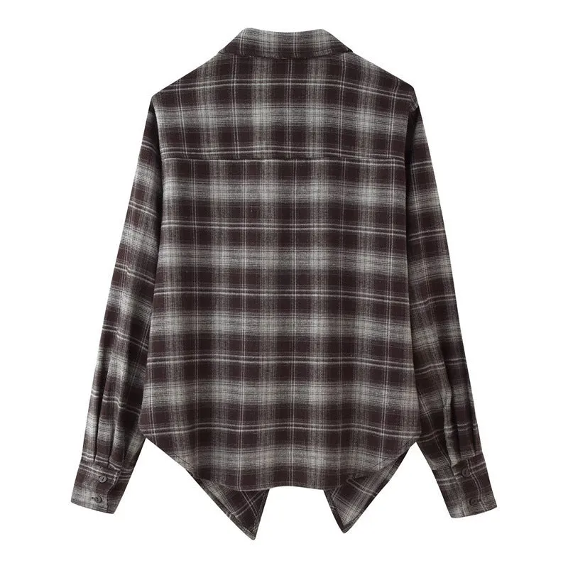 Women's loose-fit plaid shirt with long sleeves, button placket, and plant-and-flower print on a blue-green plaid base