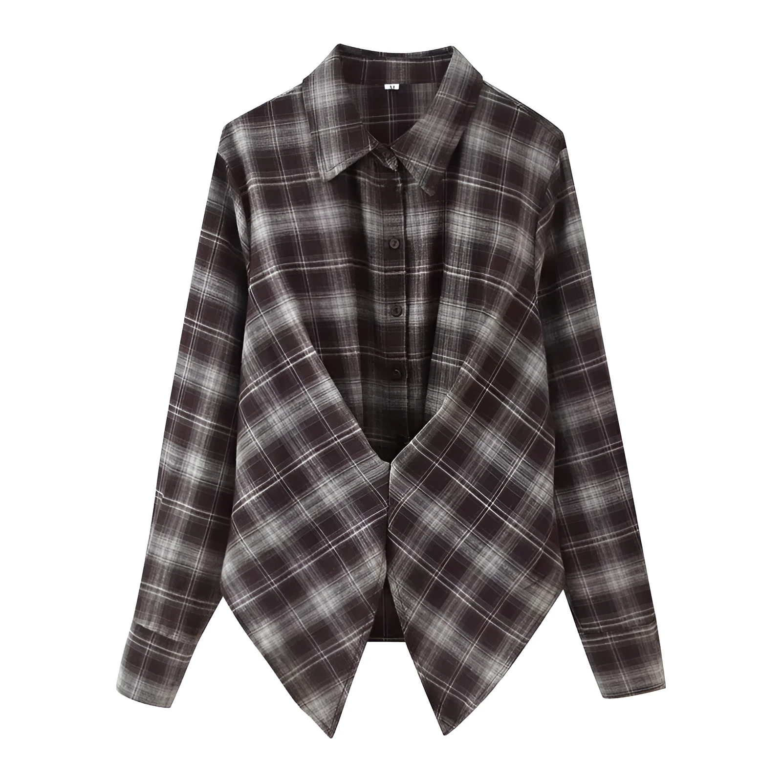 Women's loose-fit plaid shirt with long sleeves, button placket, and plant-and-flower print on a blue-green plaid base