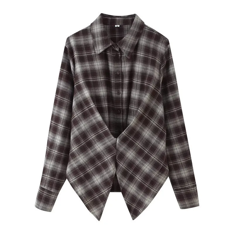 Women's loose-fit plaid shirt with long sleeves, button placket, and plant-and-flower print on a blue-green plaid base