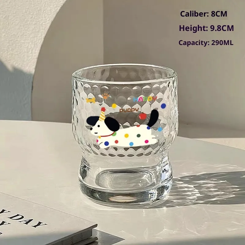 Soda lime glass cartoon milk cup with cute blue dog sticker design, 290ml, round shape
