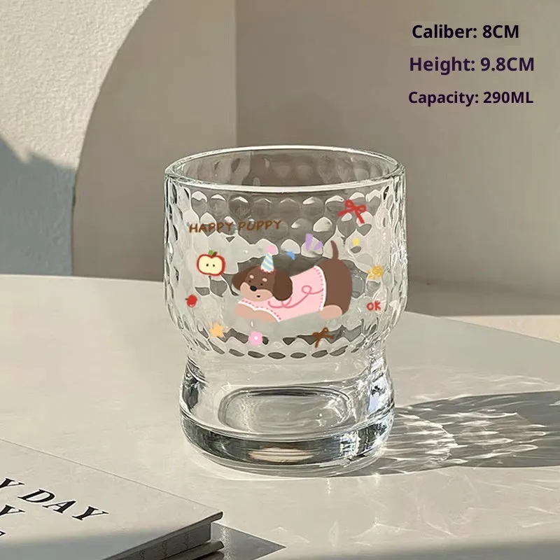 Soda lime glass cartoon milk cup with cute blue dog sticker design, 290ml, round shape