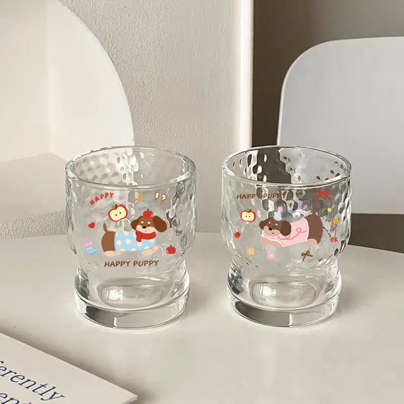 Soda lime glass cartoon milk cup with cute blue dog sticker design, 290ml, round shape