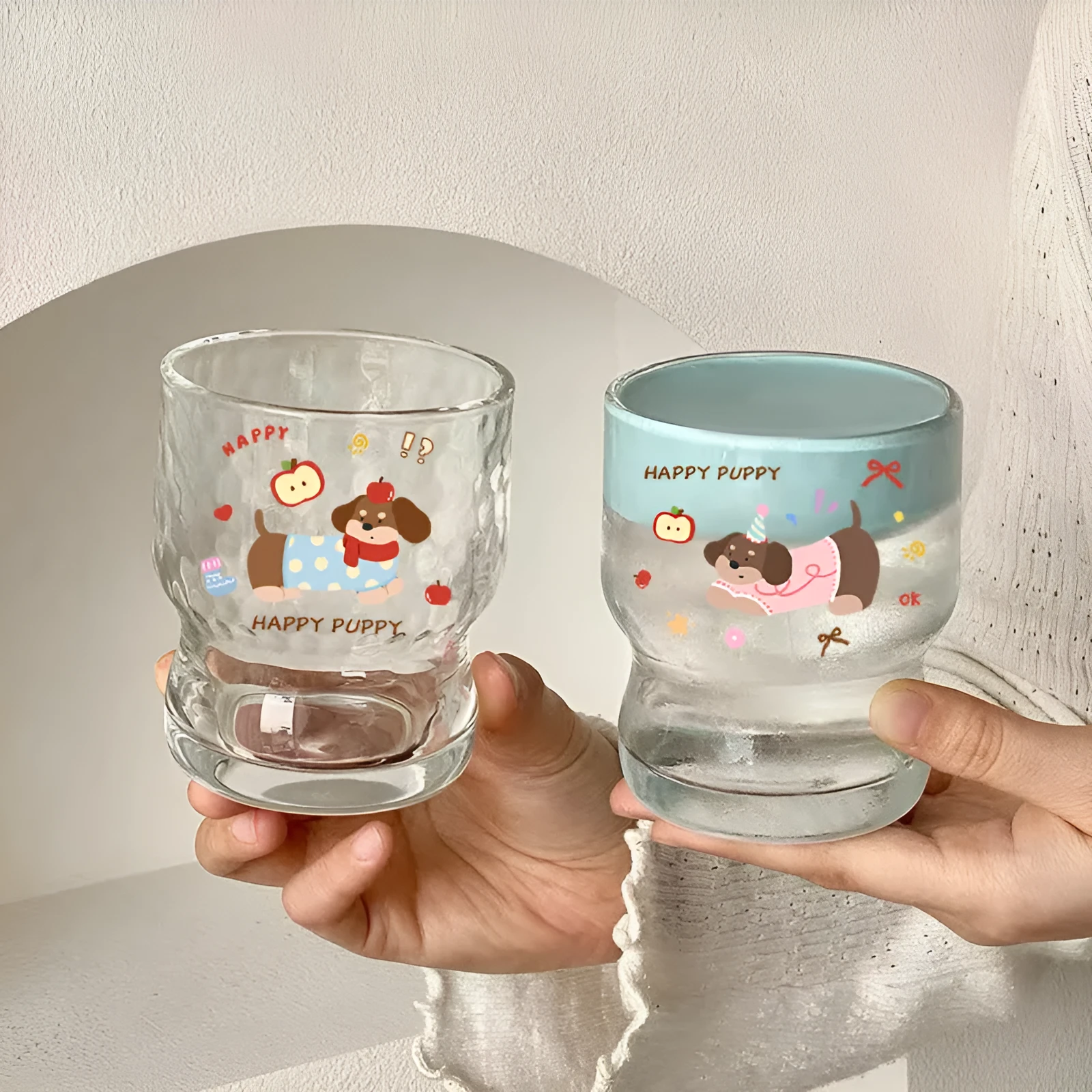 Soda lime glass cartoon milk cup with cute blue dog sticker design, 290ml, round shape