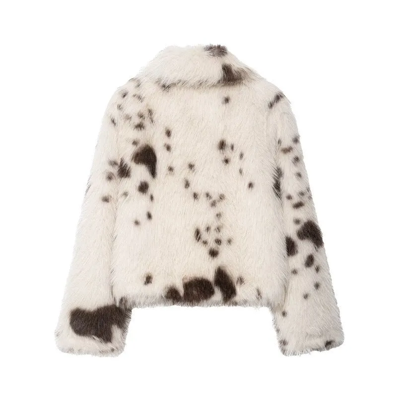 Artificial fur animal pattern coat for women with faux fur collar, brown colour, socialite style