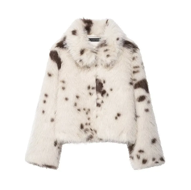 Artificial fur animal pattern coat for women with faux fur collar, brown colour, socialite style