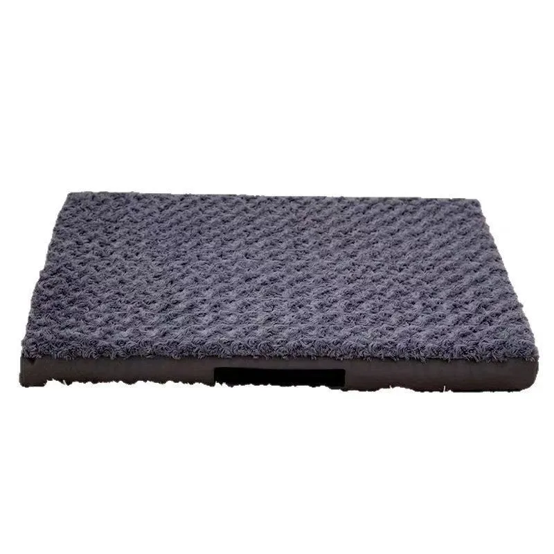 Dark gray embossed velvet pet mat on floor, with size and weight information