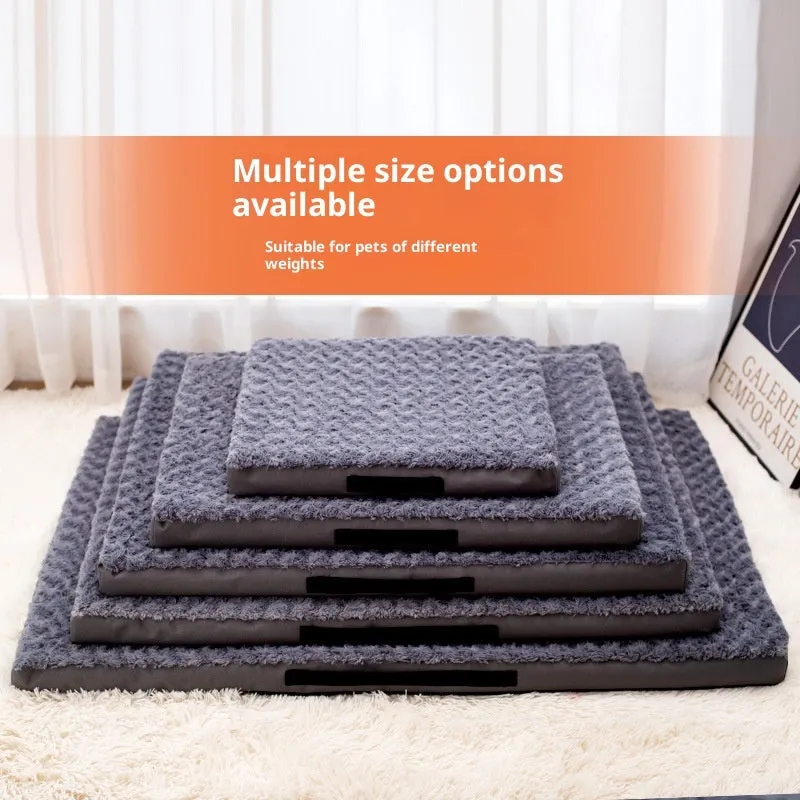 Dark gray embossed velvet pet mat on floor, with size and weight information