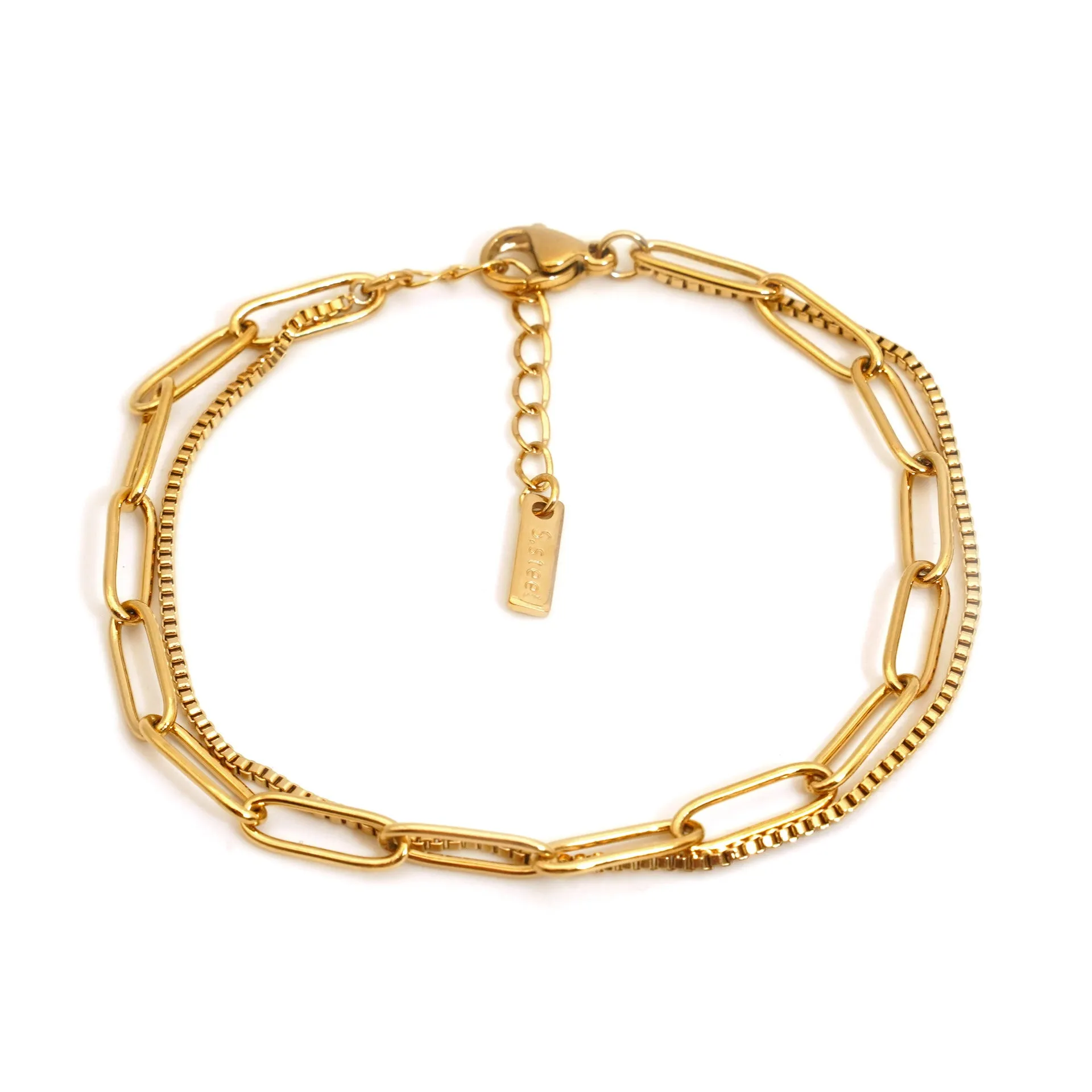Women's double layer titanium steel bracelet with geometric lines in gold or silver electroplate