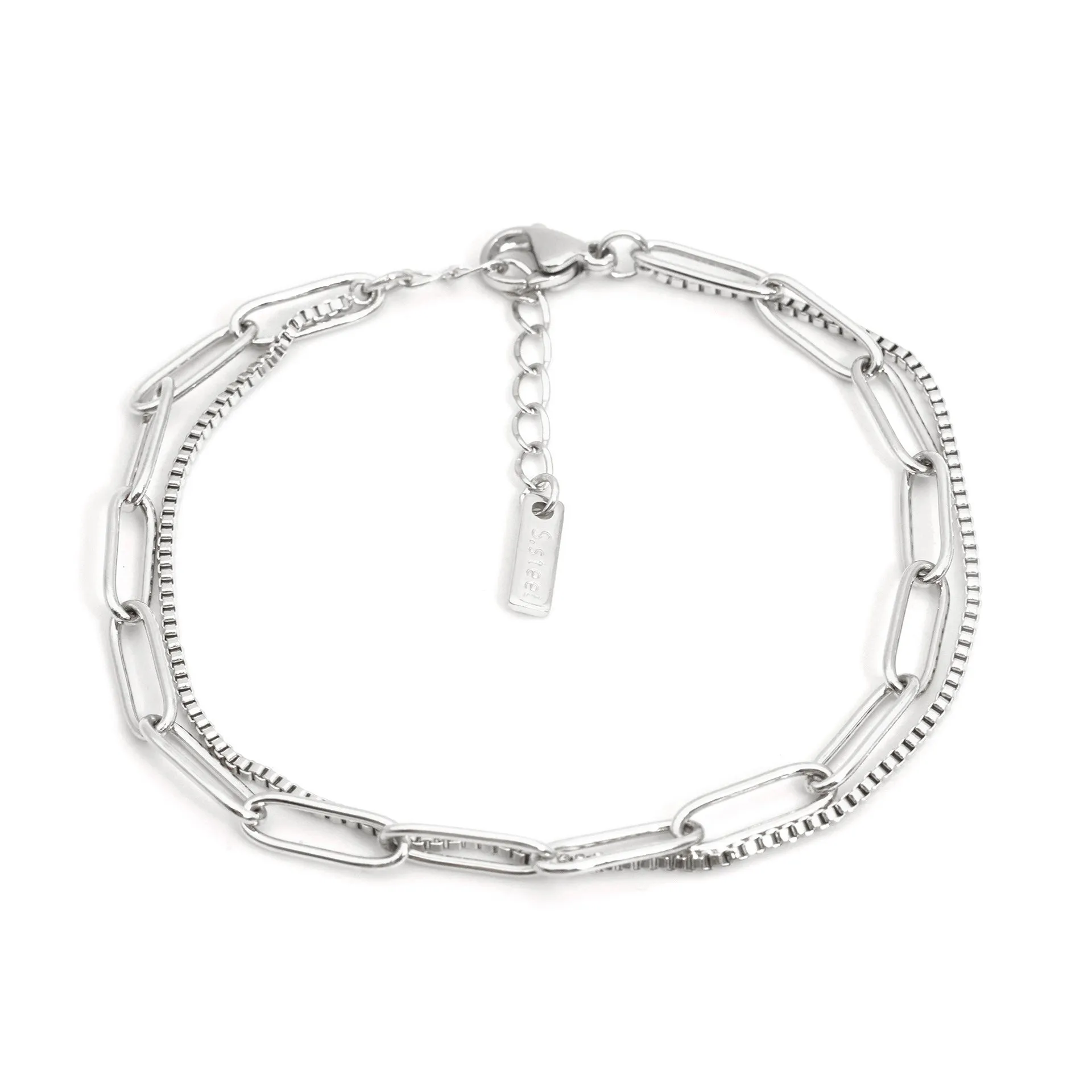 Women's double layer titanium steel bracelet with geometric lines in gold or silver electroplate