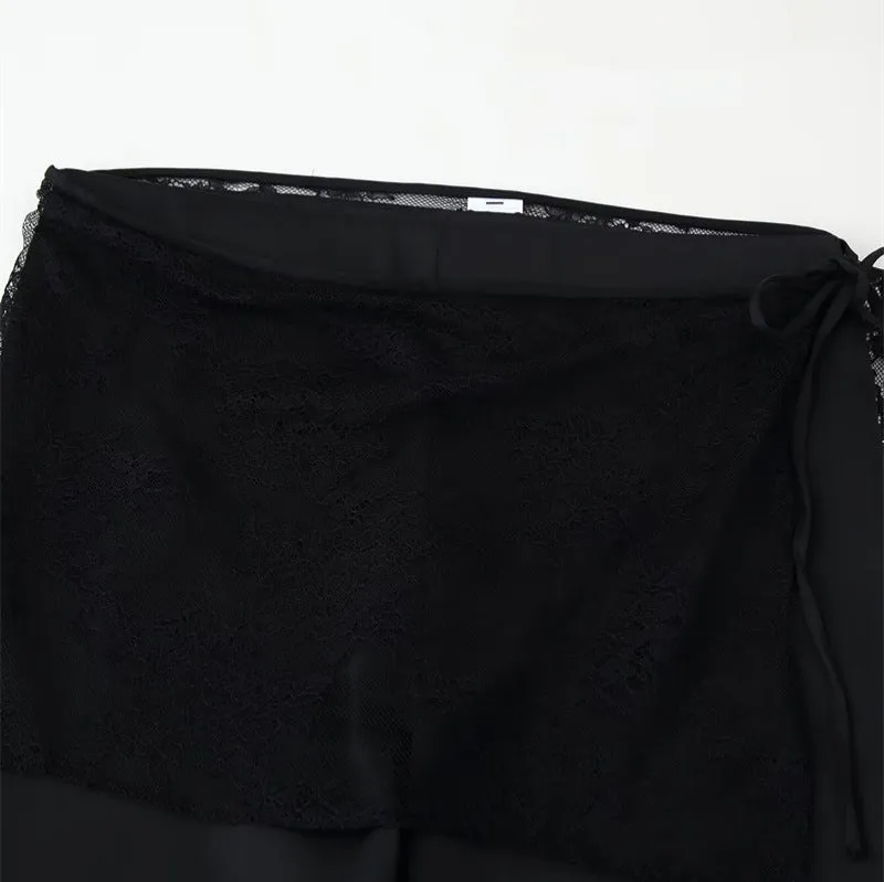 Women's black satin trousers with lace-up wrap front, loose straight-leg cut, nylon fabric