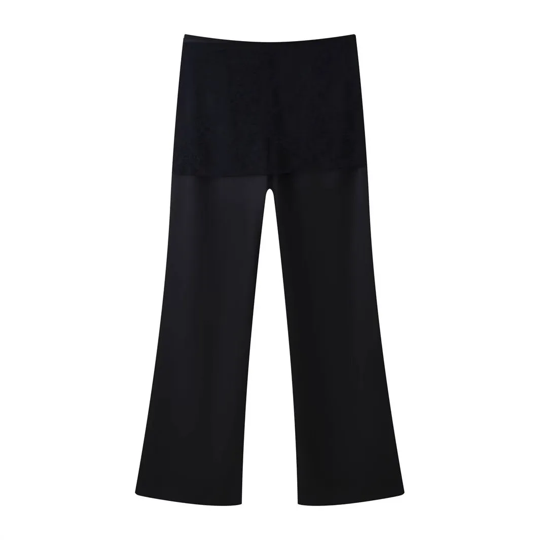 Women's black satin trousers with lace-up wrap front, loose straight-leg cut, nylon fabric
