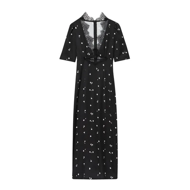 women's lace V-neck patchwork puff sleeve dress in mercerised cotton with stripes and plaid