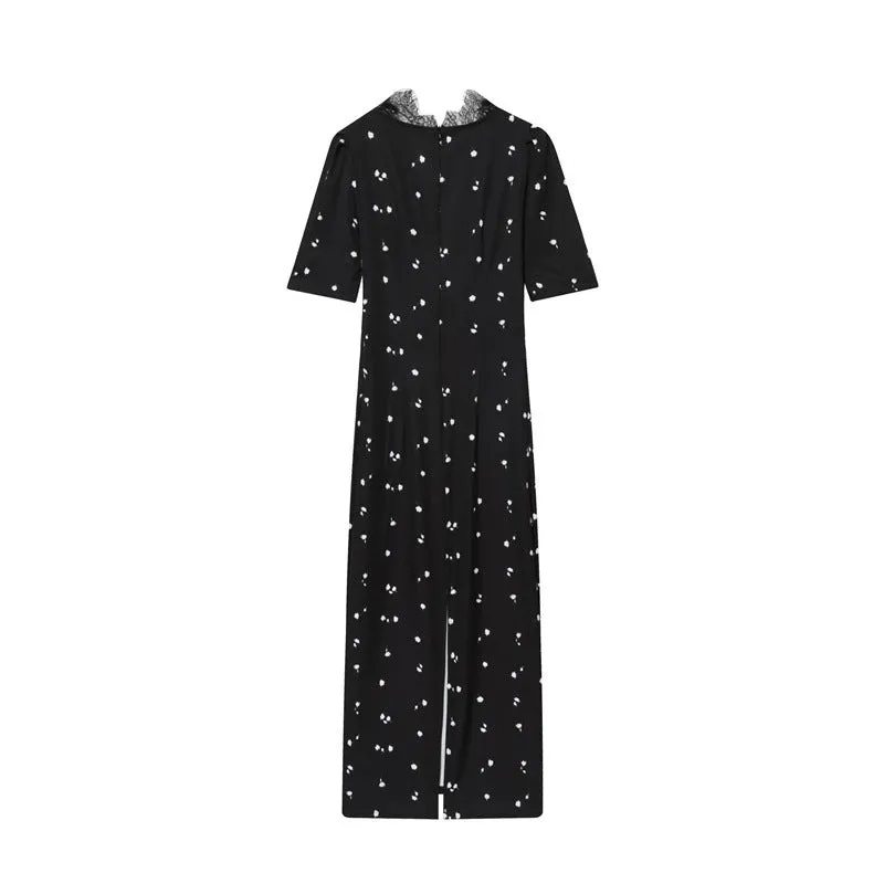 women's lace V-neck patchwork puff sleeve dress in mercerised cotton with stripes and plaid