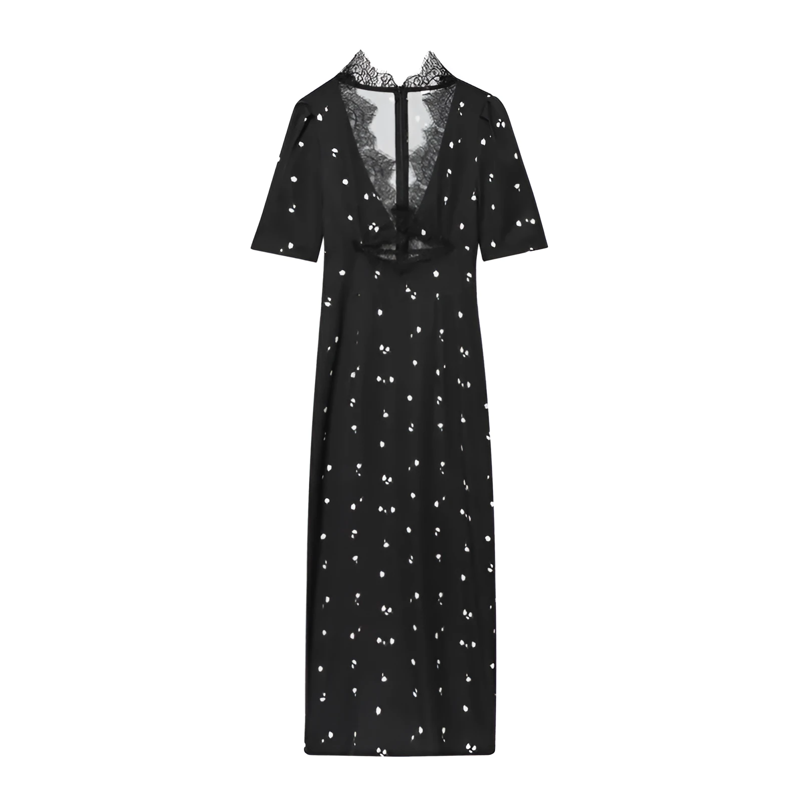 women's lace V-neck patchwork puff sleeve dress in mercerised cotton with stripes and plaid