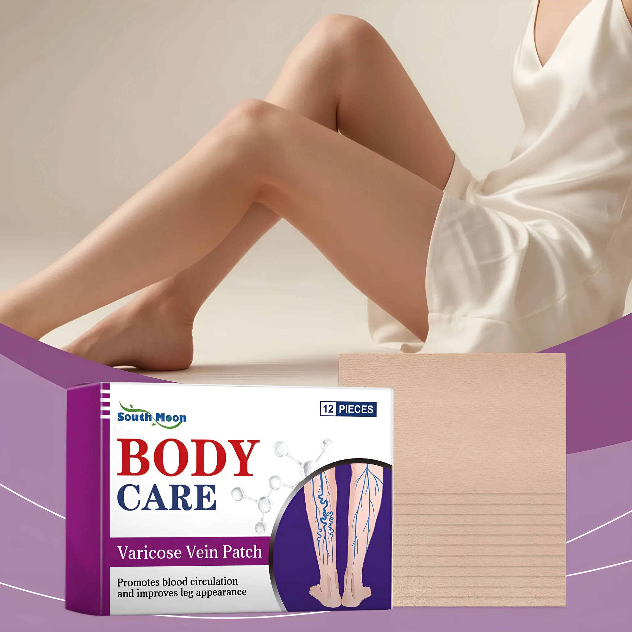 Pack of 12 plant-based leg care patches for muscle relief and circulation.